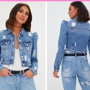 mid wash extreme shoulder cropped denim jacket